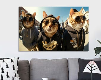 面白いギャング猫のキャンバスウォールアート、クールなストリート