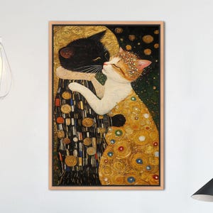 Pareja de gatos de Klimt: pintura de mascotas con detalles dorados