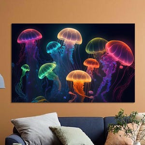 Neon Jellyfish Canvas Art: Colorful Sea Life Poster, Modern Kids Room Decor