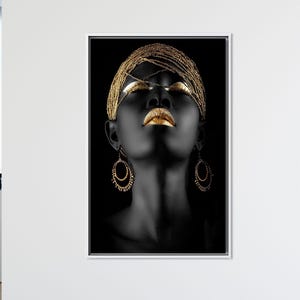Golden Afro Woman Portrait: Black and Gold Cotton Canvas Art