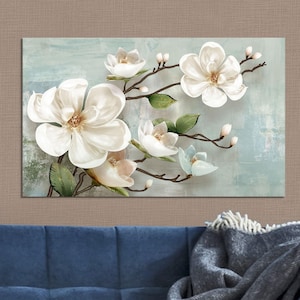 Canvasprint magnoliabloem: witte bloemen botanische muurkunst