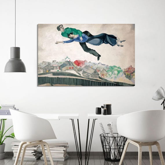 Romantic Flying Couple Canvas Print: Marc Chagall Style Love Scene