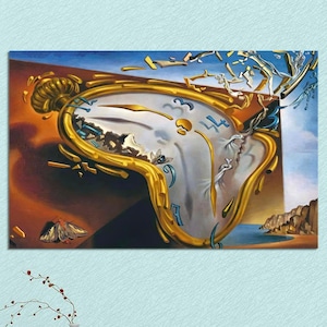 May include: A surrealist painting of a melting pocket watch with Roman numerals. The watch is on a brown surface with a butterfly and a blue sky in the background.