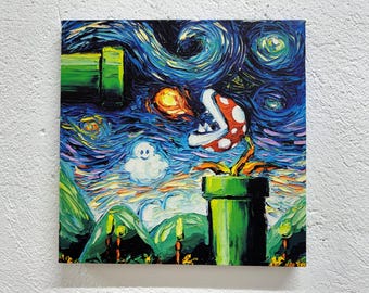 Mario Bros Wall Art, Mario World Canvas, Van Gogh Art Decor, Super Mario Poster, Van Gogh   Poster Art, Starry nİght Art, Modern Canvas