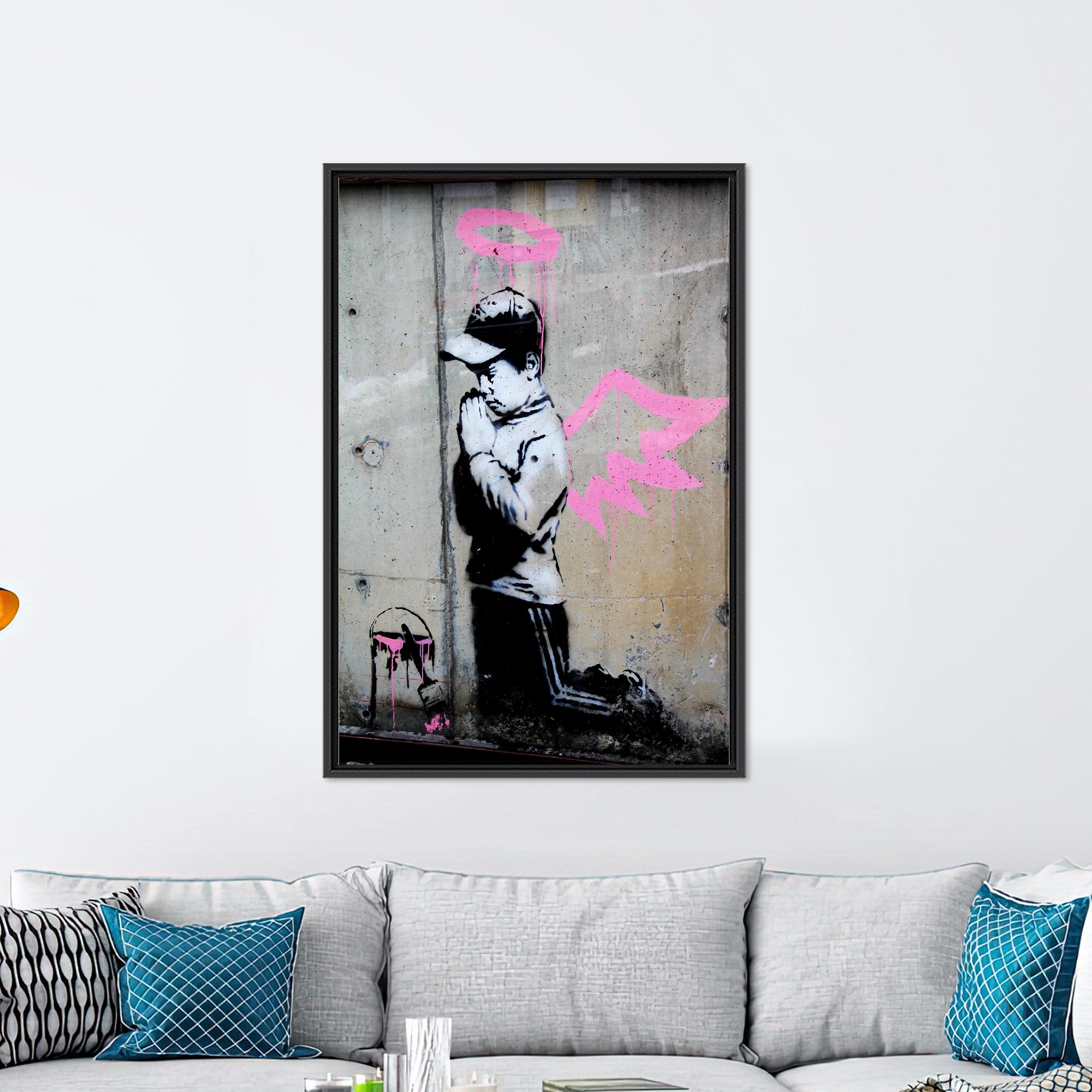 【限定額装】Banksy Angel with Paint プリント/バンクシー Banksy Angel Boy, Banksy Pink Wings Art Canvas, Child Angel