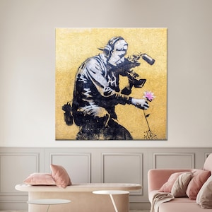 Banksy Cameraman and Flower Canvas: Graffiti Art Print
