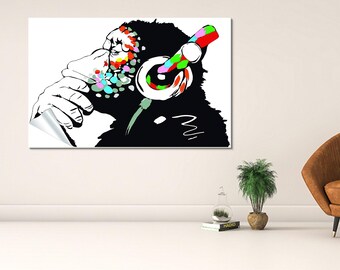 Canvaskunst DJ Monkey: graffitigorilla met koptelefoon