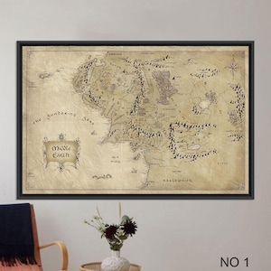 Wereldkaart kunst aan de muur, Middle Earth kaart afdrukken, kaart muurkunst, canvas muur decor, ingelijst canvas, woonkamer decor, slaapkamer poster, kaart muur kunst,