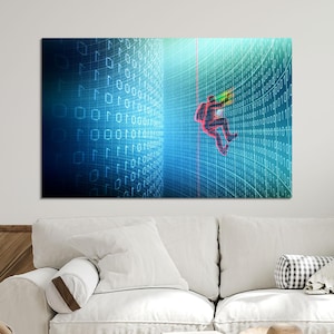 May include: A digital illustration of a person climbing a wall of binary code. The person is wearing a red shirt and blue trousers. The background is a blue and white grid pattern.