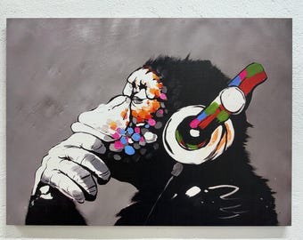 DJ Monkey Music Wall Art Graffiti Canvas Monkey Headphones Modern