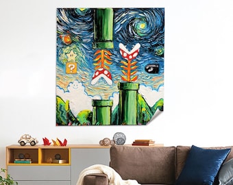 Mario World Starry Night Canvas Art: Van Gogh Style Game Room Decor
