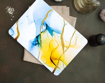 Blue adn Yellow Cutting Board, Marble Serving Board, Yellow and Blue Marble Serving Board, Yellow Marble Chopping Board, Tempered Glass,