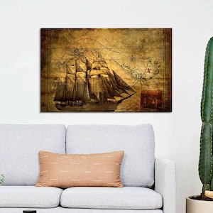 Art mural carte ancienne, cadeau pour la maison, cadeau pour elle, carte murale à suspendre, oeuvre d'art carte au trésor des pirates, toile de pirates, toile encadrée,