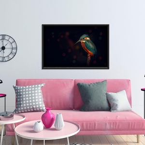 Decorazione murale con martin pescatore, decorazione su tela con uccelli, poster con uccelli carini, decorazione con uccelli colorati, arte murale nera, contemporanea, decorazione su tela con animali