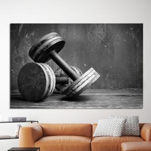 Lienzo de regalo para gimnasio, arte para gimnasio, póster de lienzo con mancuernas, arte de lienzo para decoración de habitaciones, decoración de lienzo en blanco y negro, arte de lienzo grande,