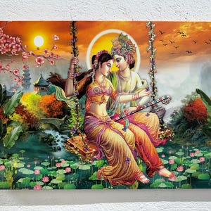 Lienzo decorativo de Radha Krishna: impresión de Dios del Amor Hindú, decoración espiritual para el hogar, póster de pareja divina india con o sin marco.