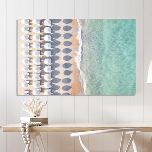 Beach Umbrellas Canvas Print: Aerial Ocean View, Modern Coastal Wall Art