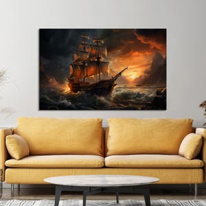 Ocean Ship Canvas Art: Stormy Sea Framed Cotton Print