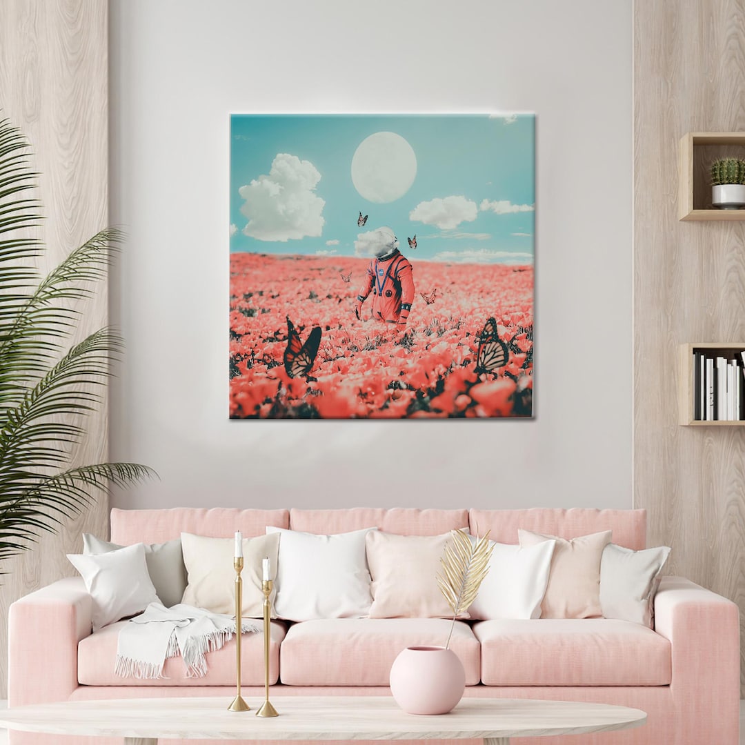 Surreal Astronaut Canvas Wall Art in Pink Flower Field With Butterflies ...