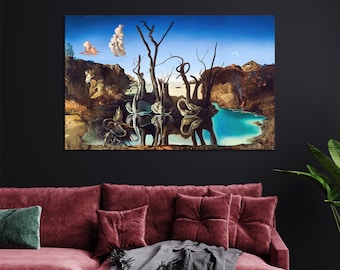 Modern Artwork, Famous Canvas, Salvador Dali Swans Wall Hanging, Living Room Wall Art, Canvas Gift, Boho Wall Decor,