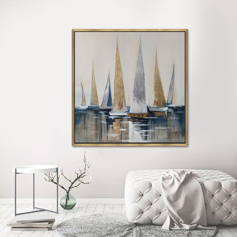 Boat Poster, Modern Canvas Art, Gold and Silver Sailboats Canvas Gift