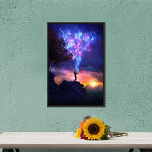 Arte de lienzo surrealista, decoración artística de cielo estrellado, decoración de música abstracta, regalo para amantes de la música, música surrealista, arte de póster de puesta de sol, abstracto, moderno,