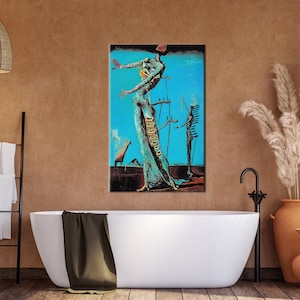 May include: Surrealist painting of a woman with a long, flowing dress and a skeletal figure standing in a blue landscape.