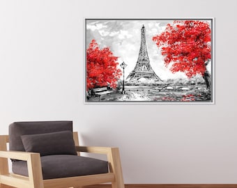 May include: A black and white painting of the Eiffel Tower in Paris, France. The tower is in the background, and there are two red trees in the foreground. The painting is framed in a silver frame.
