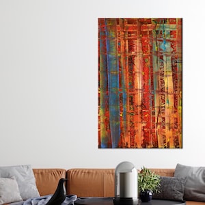 Vertikales abstraktes Leinwandbild - Rot Orange Blau Moderne Textur Druck, gerahmt oder ungerahmt mutiges zeitgenössisches Dekor für Haus oder Büro