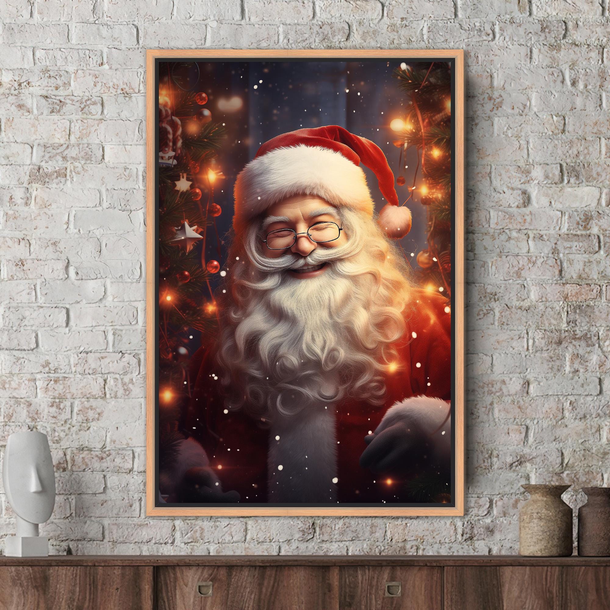 クリスマスライト付きの笑顔のサンタクロースのキャンバスウォール