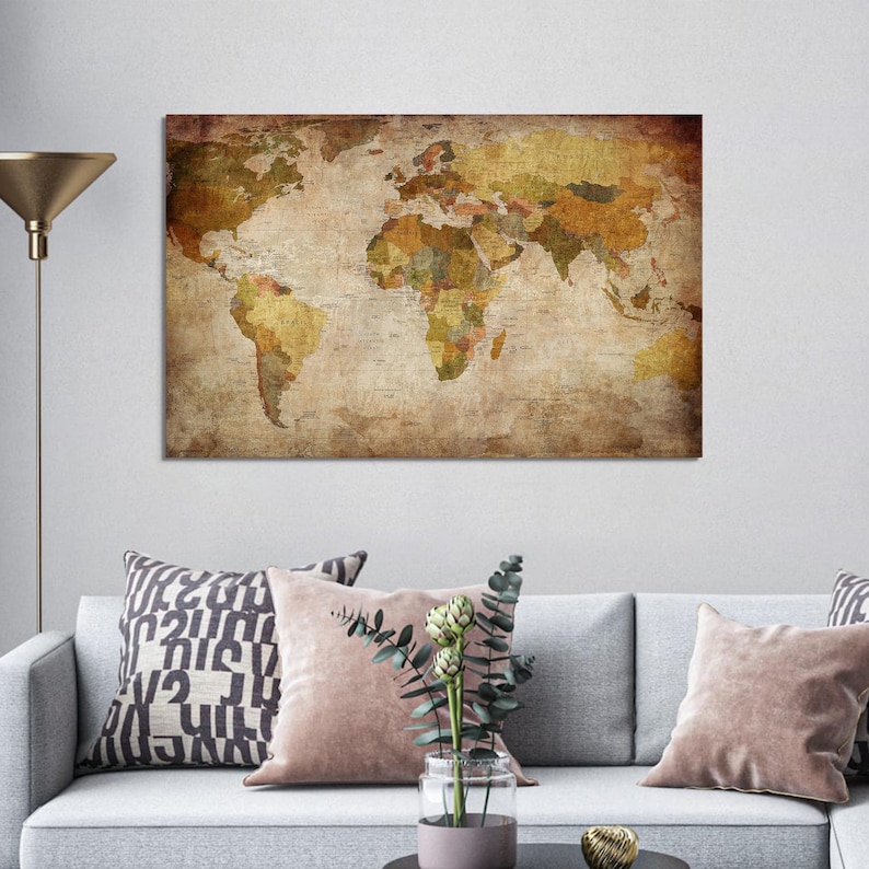 Large World Map Canvas: 3D Wall Art, Framed Cotton Print - Etsy