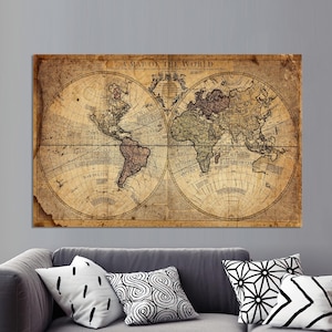 Muurdecoratie oude wereldkaart, kunst aan de muur kantoor, vintage kaart afdrukken, bruine kaart muur decor, kaart canvas, canvas kunst aan de muur, ingelijste muur decor,