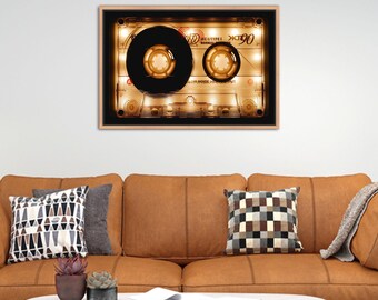 May include: A vintage cassette tape with a clear plastic case and a brown wooden frame. The tape is illuminated with warm white lights, creating a nostalgic glow. The tape is labeled "TDK 90" and "High Type I Normal"