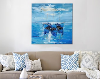 Lienzo con paisaje marino de barcos azules, tapiz costero, regalo de boda