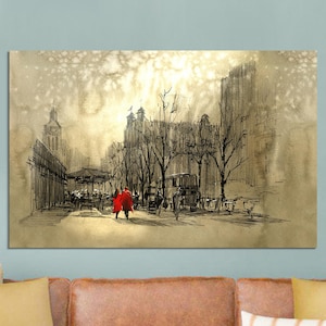 Impression sur toile paysage urbain, cadeau toile amoureux marchant dans la rue, art mural cadeau amoureux, toile art moderne, toile déco,