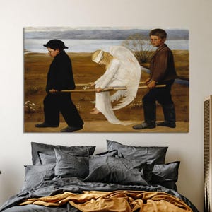 May include: A framed print of a painting depicting three figures. Two boys carry a figure in white robes and wings on a stretcher. The background shows a landscape with a body of water and a cloudy sky.