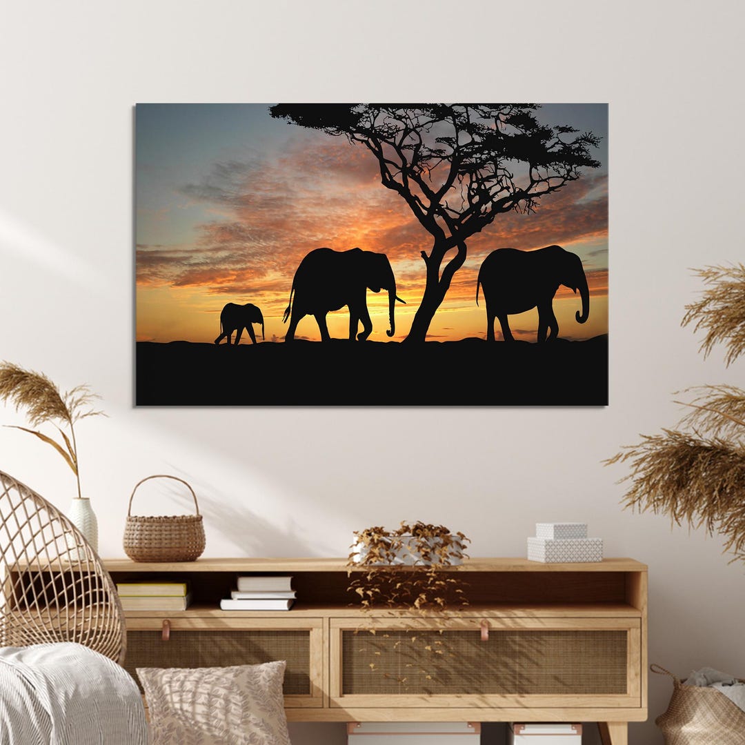 Elephant Family Canvas Art: Safari Sunset Wall Decor - Etsy