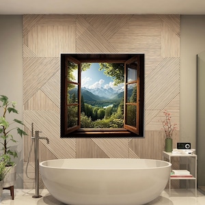 Landschaftskunst, Fensterrahmen Poster, rustikaler Fensterdruck 3D Leinwand, Fensterlandschaft Wandbehang, Babygeschenk für Mädchen,