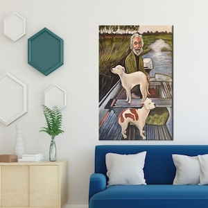 May include: A painting of a man with a beard sitting in a boat with two dogs. The man is wearing a green jacket and the dogs are white with brown spots. The boat is on a river with green grass and trees in the background.