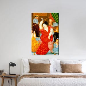 May include: A colourful painting depicting a group of people, including a woman in a red dress, standing on a staircase. The woman is holding a fan and has a large, round face. The painting is executed in a vibrant style with bold colours and thick brushstrokes.