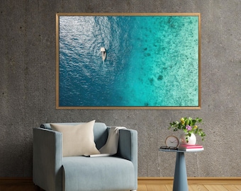 海の眺めキャンバスアート：海の風景、額入りコットン壁掛け