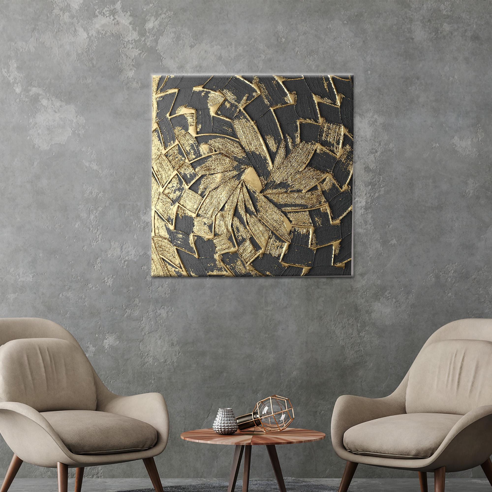 Black and Gold Abstract Texture Canvas Wall Art With Geometric Luxury ...