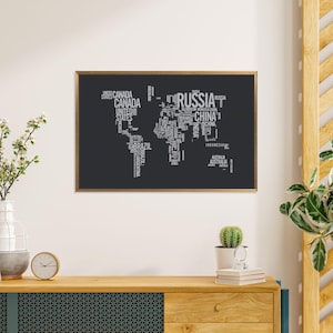 Arte moderna della mappa, mappa del mondo moderna, bianco e nero, decorazione artistica per ufficio, aula, arte murale della scuola, decorazione murale su tela, decorazione poster mappa
