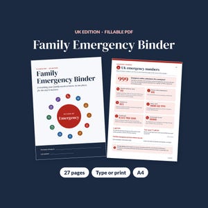 Puede incluir: Un archivador de emergencia familiar en formato PDF rellenable de 27 páginas y tamaño A4. La portada muestra un círculo rojo con el texto In Case of Emergency rodeado de iconos de colores. La segunda página muestra números de emergencia del Reino Unido.