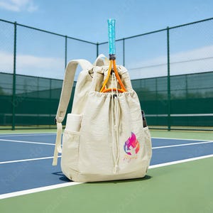 Puede incluir: Una mochila beige con cordón, con una raqueta de tenis y una botella de agua. La raqueta tiene un marco naranja y un mango azul. La mochila tiene un bolsillo lateral y un logotipo colorido. La bolsa está en una cancha de tenis.
