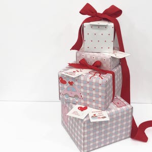 May include: A stack of wrapped gift boxes in various sizes, tied with red ribbons. The boxes are decorated with heart and car motifs, and some have small tags. The wrapping paper features a pink and blue checkered pattern.