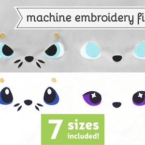 May include: Machine embroidery file for a cute cartoon animal face with different eye colors. The file includes 7 sizes. The eyes are blue, light blue, and purple.
