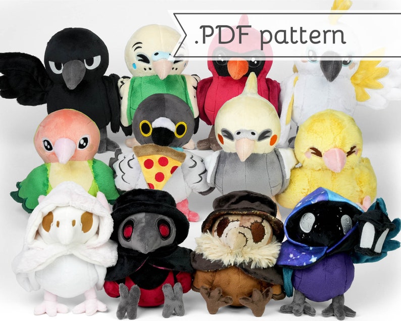 Pet Bird & Plague Bird Plush Sewing Pattern .pdf Tutorial Budgie Parakeet Cockatiel Plague Doctor image 1