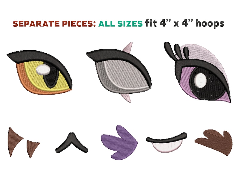 Puede incluir: Conjunto de dise&ntilde;os de bordado para ojos, cejas y otras caracter&iacute;sticas faciales. Los dise&ntilde;os son adecuados para aros de bordado de 4" x 4". Los dise&ntilde;os incluyen un ojo amarillo con acentos naranjas, un ojo gris con acentos rosados, un ojo morado con acentos negros, dos cejas marrones, una nariz negra, un ala morada, una boca blanca y una ceja marr&oacute;n.