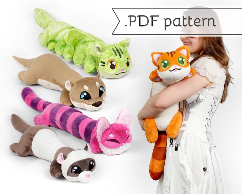 May include: Five plush toy patterns for sewing: a green caterpillar, a brown otter, a pink and purple striped cat, a pink cat with a wide grin, and an orange tabby cat with a white belly and a striped tail.  .PDF pattern.